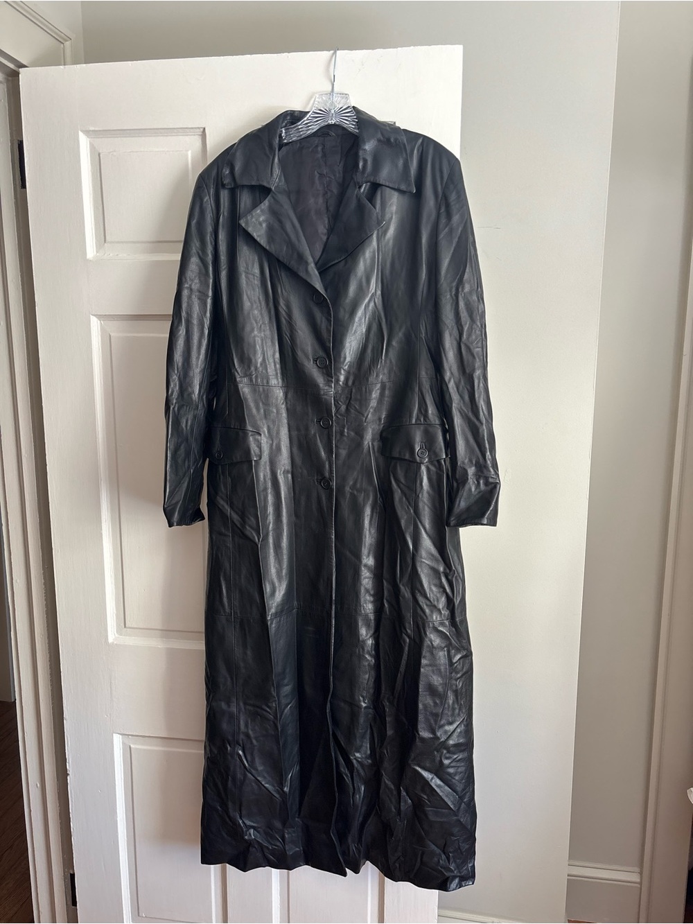 Giotti Firenze Women's Black Leather Long Trench Coat women’s Size IT48/US12
